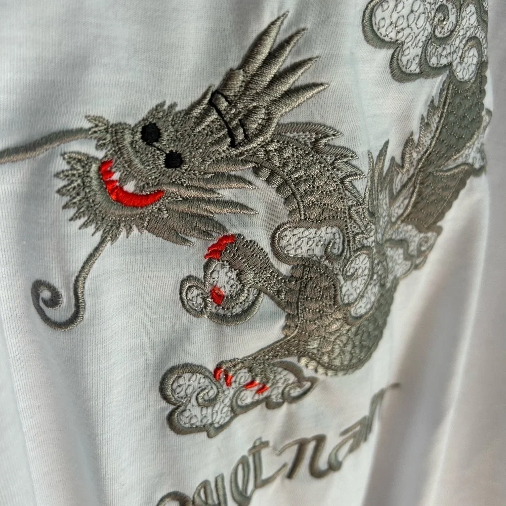 Vietnam Dragon Embroidered T-Shirt White Cotton Graphic Tee Men’s 3XL Travel - Picture 1 of 11